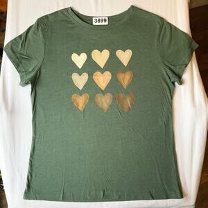 Shein Women T-shirt size L Short Sleeve Stretchy Beige Hearts Green
